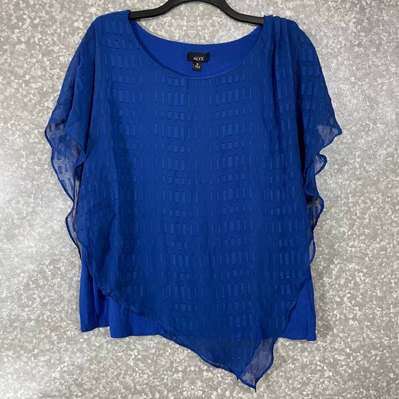 Alyx Bold Blue Kaftan Style Asymmetrical Sheer Top - Size 3X - Women's Plus Size - Picture 1 of 7